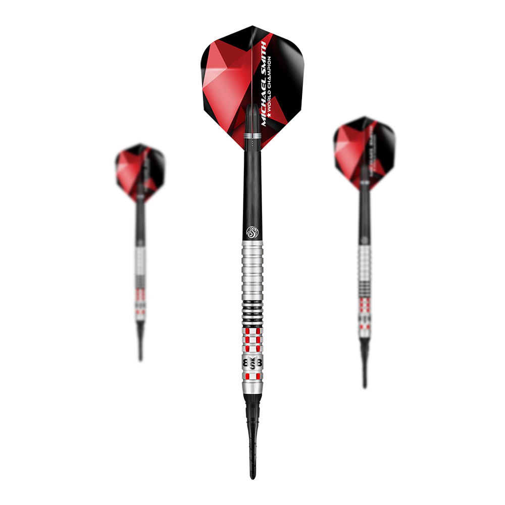 Das Bild zeigt drei Softdarts mit roten und schwarzen Flights. Die Darts haben silberne und schwarze Griffe mit roten Akzenten.
